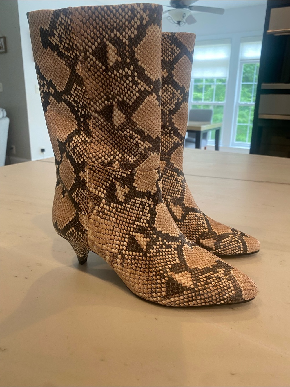 Vince Camuto Snake-Print Mid-Calf Kitten Heel Boots - Tan/Black